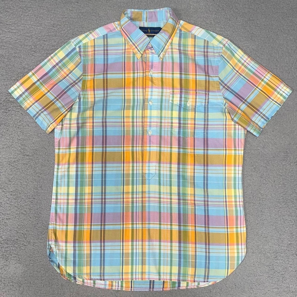 Polo Ralph Lauren Shirt Men's Size M Pastel Plaid Beach Twill 1/2 Button Down